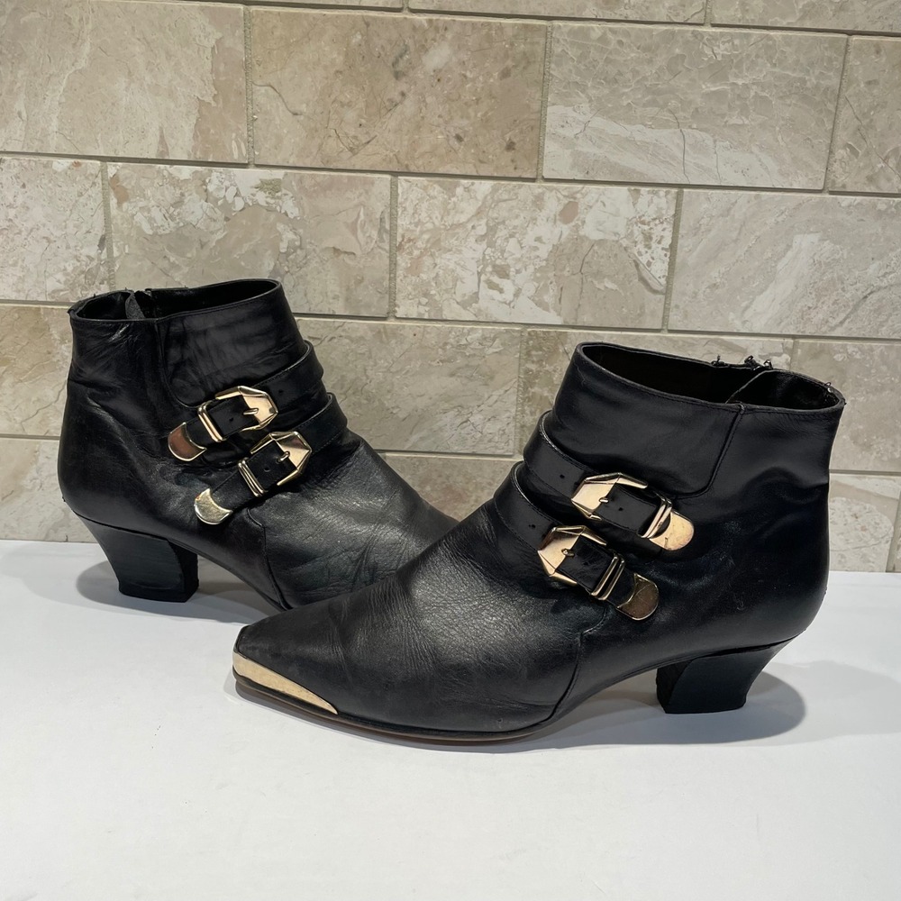 Cougar Vintage Black Leather Western Ankle Boots Gold Buckle Metal Toe Spain 8.5